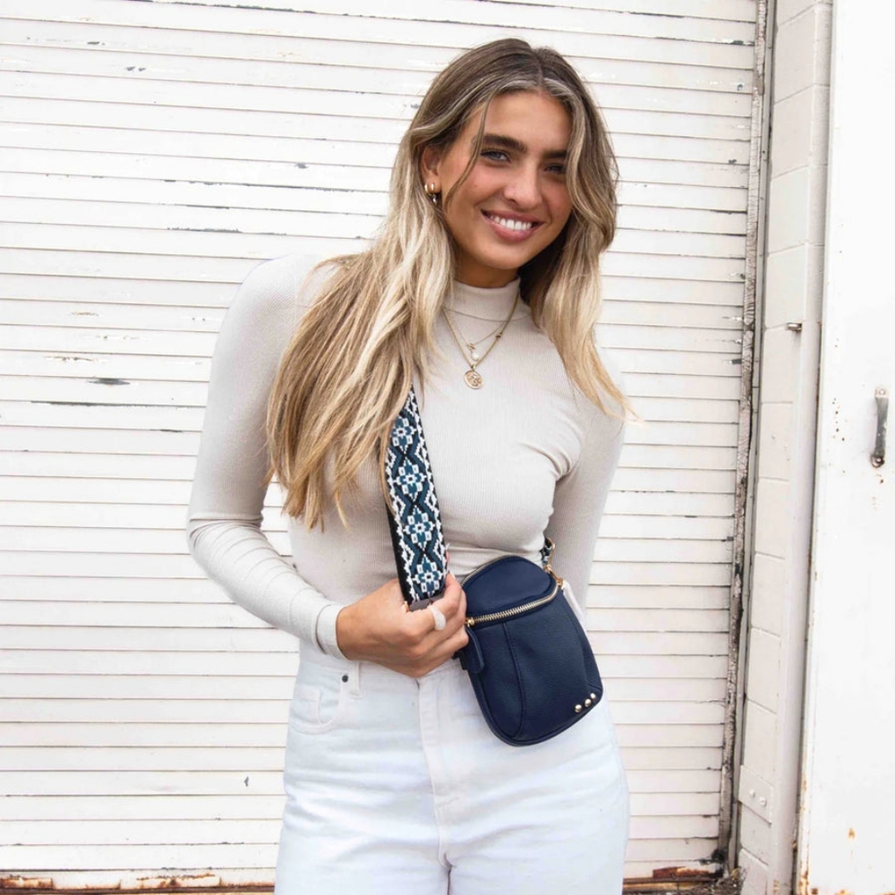 Trendy Ellie  Black Crossbody Bag with Patterned Strap NWOT